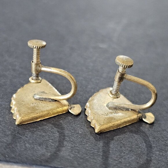 VTG Japanese Damascene Mt Fuji Fan Earrings Screwback Black Enamel Silver Gold - Picture 5 of 8